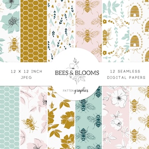 Digitale papierset bijen, naadloze honingbijpatronen, hommel zomer plakboek, honingraat, bijenkorf, roze, groenblauw - BeesandBlooms 121212