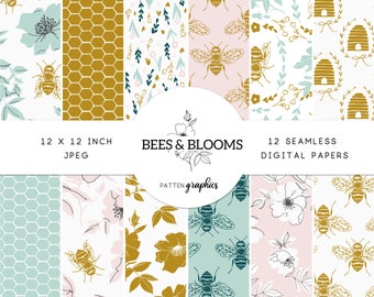 Bees Digital Paper Set, Honeybee Seamless Patterns, Bumblebee Summer Scrapbook Paper, Honeycomb, Hive, Pink, Teal - BeesandBlooms 121212