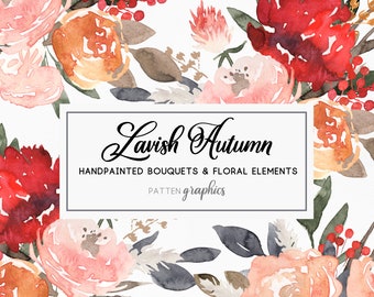 Autumn Floral Clipart, fall watercolor flowers clipart in peach & rust, Commercial Use Available, Patten Graphics - LavishAutumn