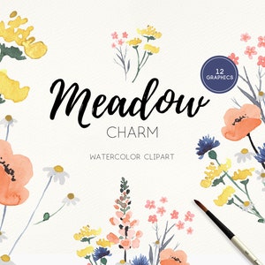Aquarell Wildblumen Clipart, Floral Clipart, Aquarell Blumen, Blumenstrauß, Mohnblume, Mohnblumen, Süß, Pfirsich, Gelb, Koralle - MeadowCharm