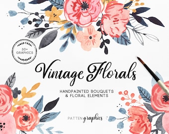 Watercolor Flower Clipart, Hand-painted Florals, Roses, and Bouquets in Coral & Navy, Commercial Use, Patten Graphics  - VintageRose