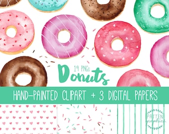 Aquarell Donuts Clipart - Donut ClipArt, Rosa Donuts, handgemalte Clipart, Donut Clipart, Streusel, Süßigkeiten - Patten Grafiken
