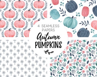 Pumpkin Digital Paper, Fall Digital Paper, Seamless Pattern, watercolor floral pumpkin, autumn, pastel, harvest, teal - AutumnPumpkins