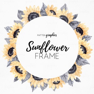 Round Watercolor Sunflower Wreath Clipart, Yellow Summer Floral Frame - SweetSunflower