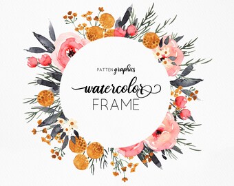 May include: A watercolor floral wreath with pink and yellow flowers, green leaves, and a white circle in the center. The text "PATTERN graphics watercolor FRAME" is written in the circle.