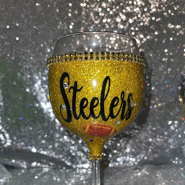 Steelers inspired wine glass w/ upgraded bling trim.