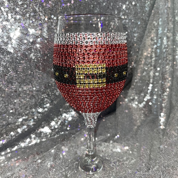 Santa Bling Trim wrapped Wine glass