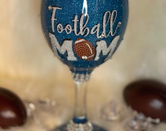 Football Mom Wine Glass: Custom Glitter & Rhinestone Design