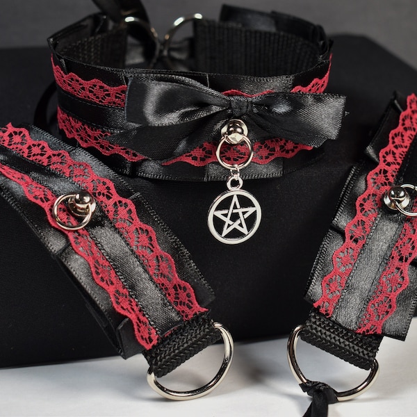 Made to your size / Red goth Set / collar + cuffs / pet play necklace / fancy bdsm / sexy gift idea