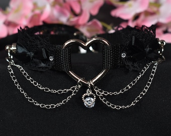 Made to your size / Black Heart extra / goth / emo / alt fashion / kitten play collar / bdsm choker / pet play necklace / kawaii fashion