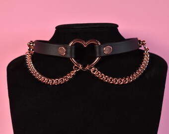 Made to your size / black and rosegold heart choker made with biothane / kitten play collar / kawaii / alt fashion / pet play / goth