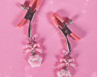 Pink kitty paws and bows nipple clamps / Kinky / bdsm / kitten play / pet play /adult gift / sexy / submissive / adjustable