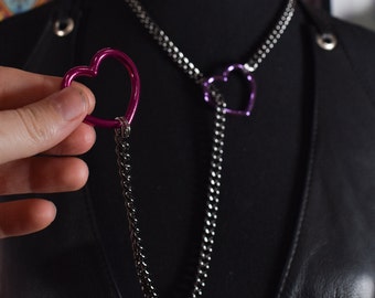 Half and half Gunmetal + hot pink/ purple heart ring Slip chain / Fashion version / goth / alternative / alt fashion / 18+