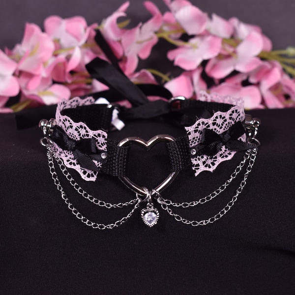 Made to your size / Pink Heart extra Choker / kitten play collar / pastel goth / ddlg / bdsm choker / pet play necklace /