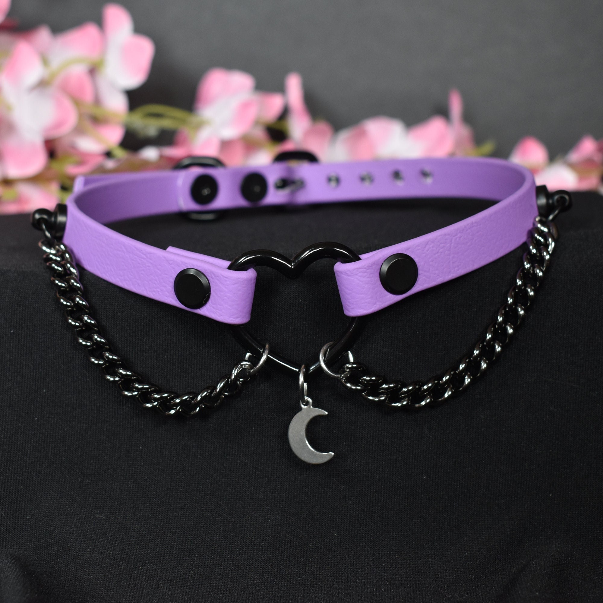Made to your size / Purple moon heart biothane choker / kitten play collar / kawaii / alt fashion / emo / pet play necklace / goth
