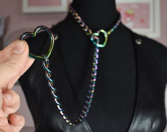 Thick stainless steel slip chain + zinc alloy heart rings / rainbow / goth / alternative / alt fashion / 18+