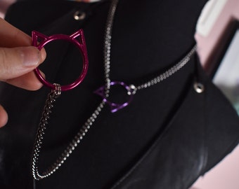 half and half gunmetal + hot pink/ purple kitty ring Slip chain / Fashion version  / goth / alternative / alt fashion / 18+