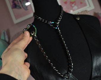 Thick stainless steel slip chain + zinc alloy heart rings / Gunmetal + rainbow / goth / alternative / alt fashion / 18+