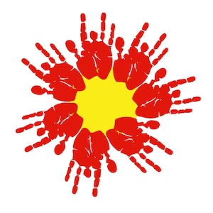 May include: A graphic illustration of a flower-like design composed of red handprints surrounding a yellow center. The handprints are arranged in a circular pattern against a white background, creating a vibrant and eye-catching visual.