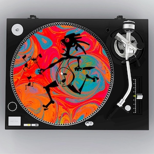 May include: Black turntable with a colorful vinyl record featuring a black silhouette figure against a swirling pattern of red, orange, blue, and pink. The turntable has a silver tone arm and controls.