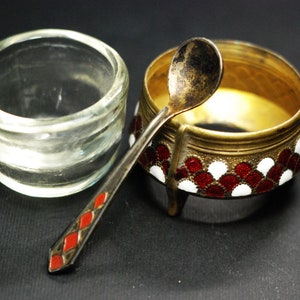 Vintage Enameled Caviar Bowl Salt Condiment Vintage USSR Open Salt Cellar Condiment Retro Kitchen cloisonne