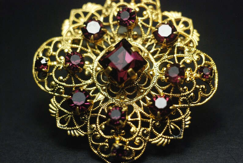 vintage brooch amethys stone corundum gilding a gift for her made in uSSR 1980