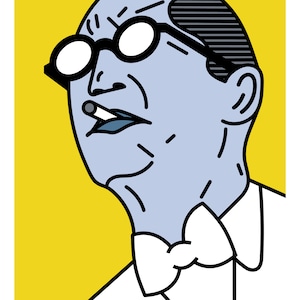 Könnte beinhalten: Eine Cartoon-Illustration eines Mannes, der ein weißes Hemd mit Fliege, runde Brille und eine Zigarette im Mund trägt. Der Hintergrund ist gelb.