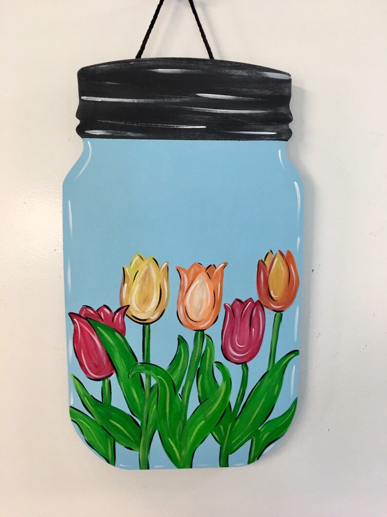 Home Decor Spring Wreath, Tulip Mason Jar Door Hanger