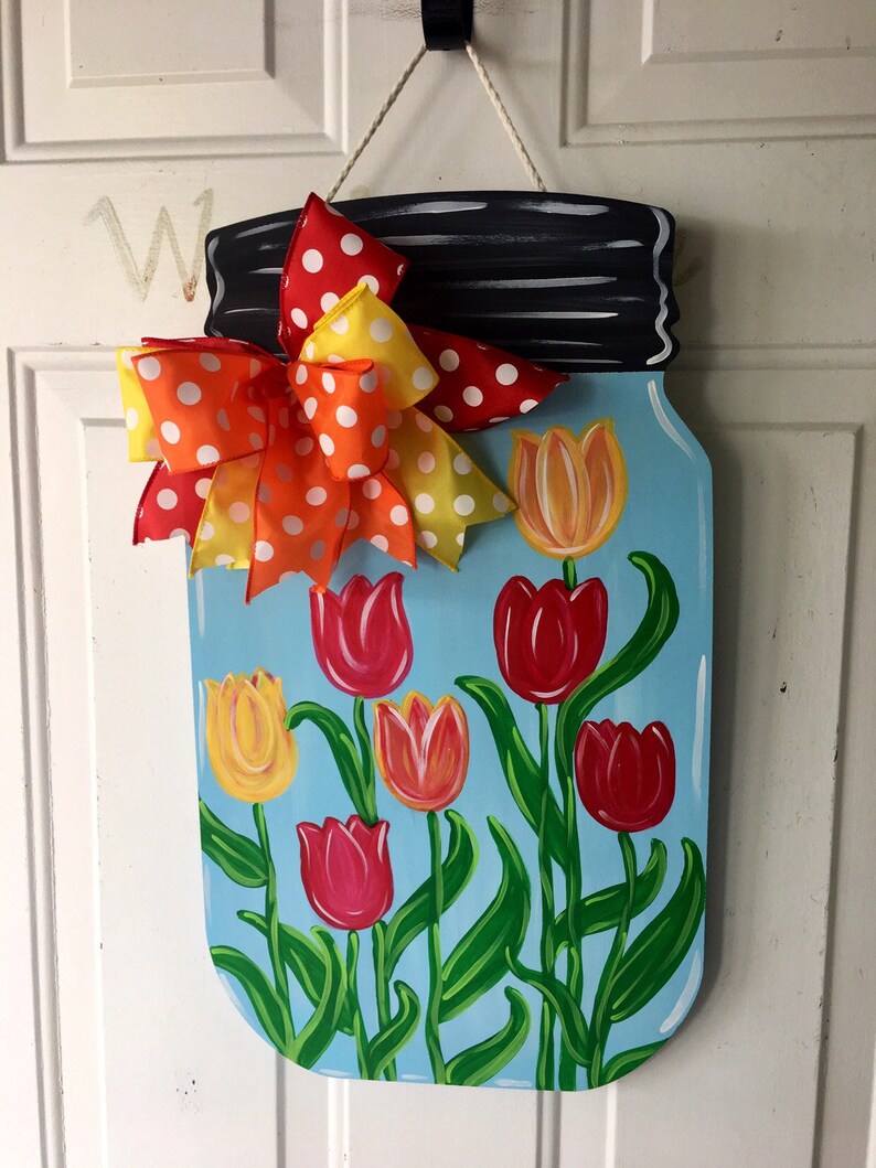 Home Decor Spring Wreath, Tulip Mason Jar Door Hanger