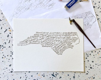 North Carolina Towns Calligraphy Art – Handwritten North Carolina (NC) Art Print - Signed Print