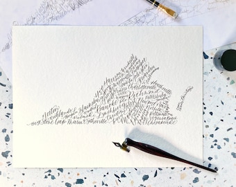 Virginia Towns Calligraphy Art – Handwritten Virginia (VA) Art Print - Signed Print