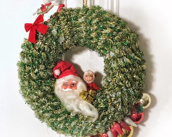 Christmas Ornament Wreath - Santa, Mrs. Claus, and Reindeer Rocking Horse