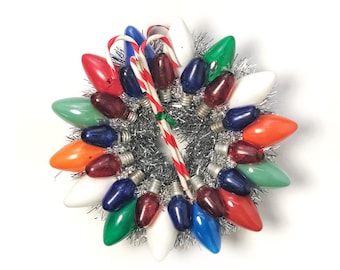 Christmas Lights Mini Wreath - Multicolor - Silver Garland - Candy Cane Tchotchkes