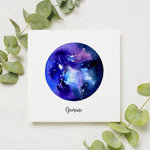 Tarjeta de felicitación de Géminis / tarjeta con el signo del zodíaco / arte en acuarela / tarjeta en blanco / impresión original en acuarela / tarjeta de bellas artes cuadrada