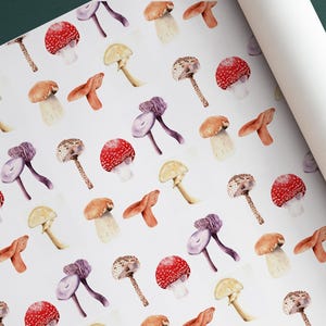 K&ouml;nnte beinhalten: Ein wei&szlig;er Hintergrund mit einem sich wiederholenden Muster aus Aquarellpilzen in verschiedenen Farben, darunter Rot, Orange, Gelb, Lila und Braun. Die Pilze sind realistisch gezeichnet und haben unterschiedliche Formen und Gr&ouml;&szlig;en.