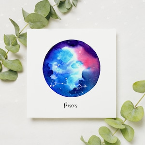 Carte de voeux Poissons / carte de signe astrologique / art aquarelle / carte vierge / impression aquarelle originale / carte d'art carrée