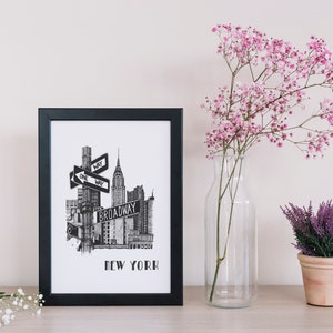 A4 Broadway art print / New York cityscape / black and white gift / original illustration print image 1