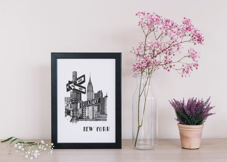 A4 Broadway art print / New York cityscape / black and white gift / original illustration print image 1