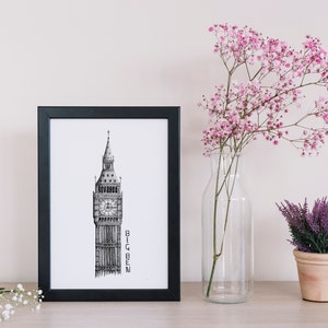 A4 Big Ben print / London print / black and white art print / illustration originale / interior print / home decor