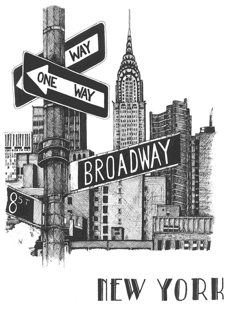 A4 Broadway art print / New York cityscape / black and white gift / original illustration print image 2