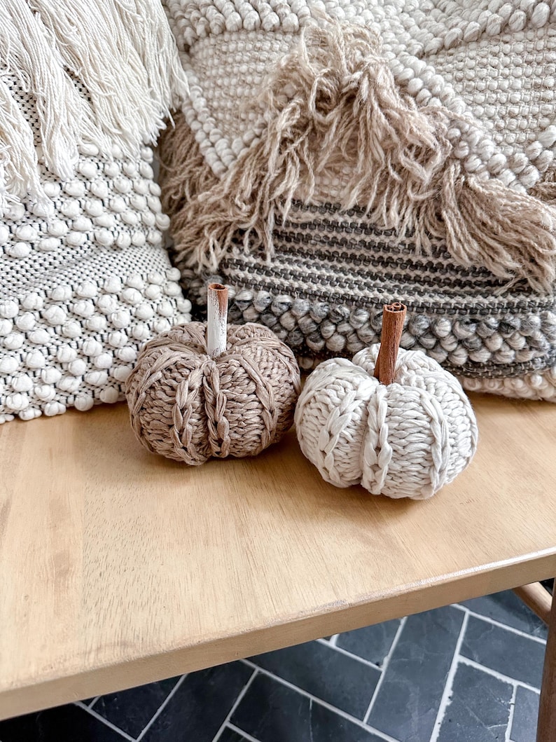 May include: Two knitted pumpkins, one brown and one white, with wooden stems, sitting on a light brown wooden surface.