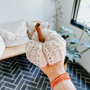 May include: A knitted cream-coloured pumpkin with a cinnamon stick stem. The pumpkin is being held in a hand with orange bracelets.