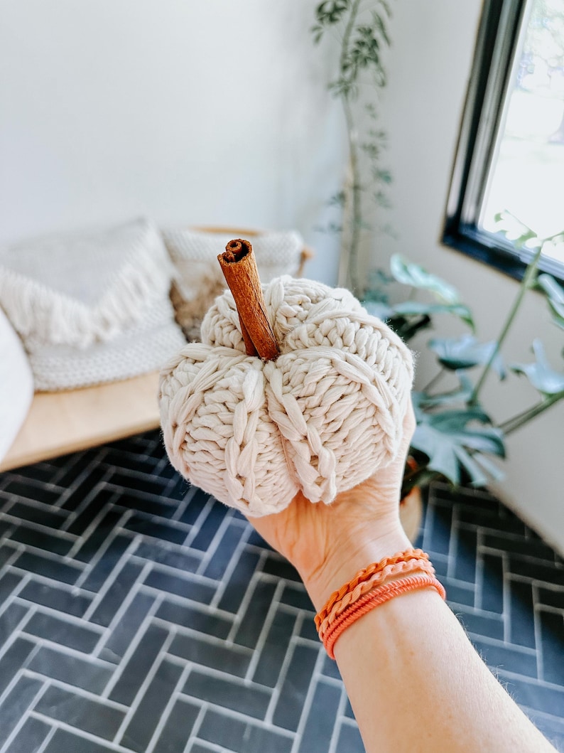 May include: A knitted cream-coloured pumpkin with a cinnamon stick stem. The pumpkin is being held in a hand with orange bracelets.