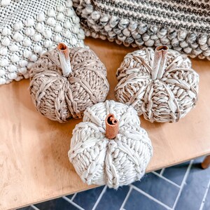 May include: Three knitted pumpkins with cinnamon stick stems. The pumpkins are beige and white and are sitting on a wooden surface.