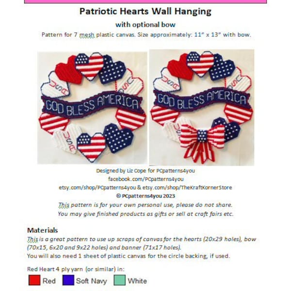 pdf PATTERN - Patriotic Hearts Wall Hanging- pdf download for 7 mesh plastic canvas