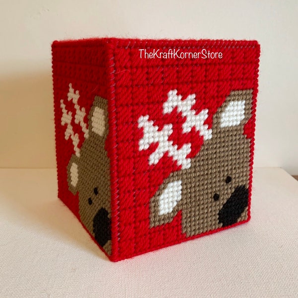 Peeking Reindeer Tissue Box Cover, hand  stitched on plastic canvas, ready to ship