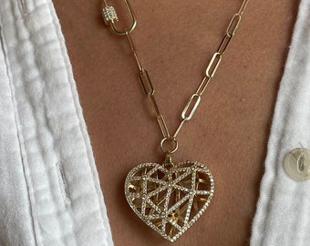 Heart necklace-heart pendant-big heart necklace-pave heart necklace-large heart necklace-dainty necklace-pave elongated heart pendant