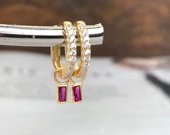 Rectangle CZ dangle earring,baguette cz hugguie hoop earrings,gold tiny huggie earrings,cartilage cuff earrings,silver ear cuff