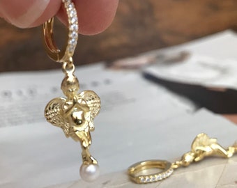 Gold  huggie hoop charm earrings,angel charm hoop earrings,angle charm huggie hoop earrings,boho earrings,gold hoop earrings,dangle hoops