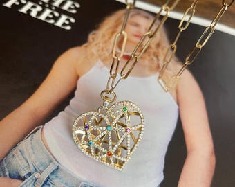 Heart necklace-heart pendant-big heart necklace-pave heart necklace-large heart necklace-dainty necklace-pave elongated heart pendant